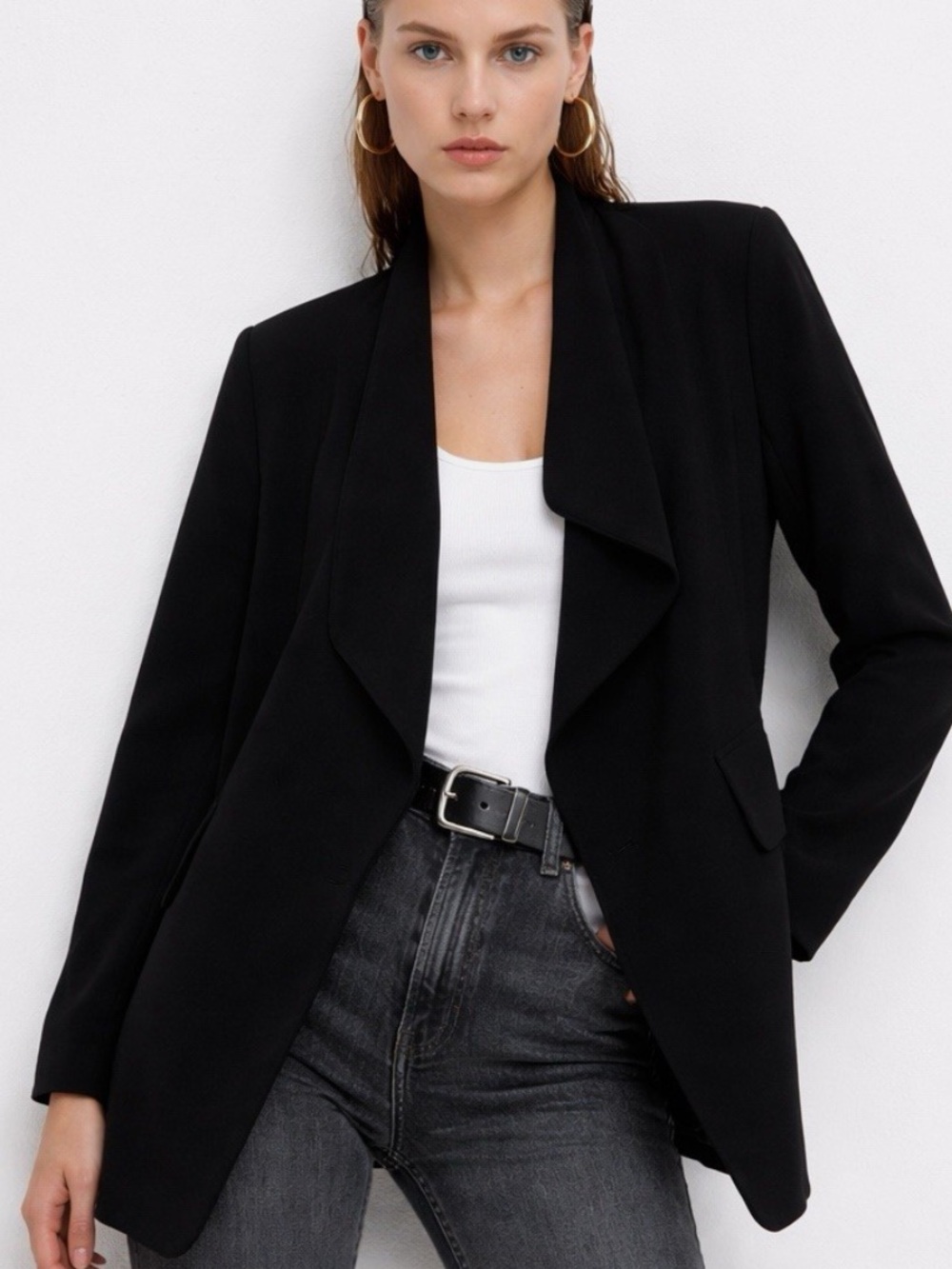 ZARA Black Drape Shawl Lapel Blazer Jacket Open Front  Size Médium